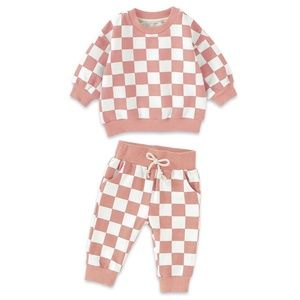 3T pink and white French terry checkered toddler sweater set!
